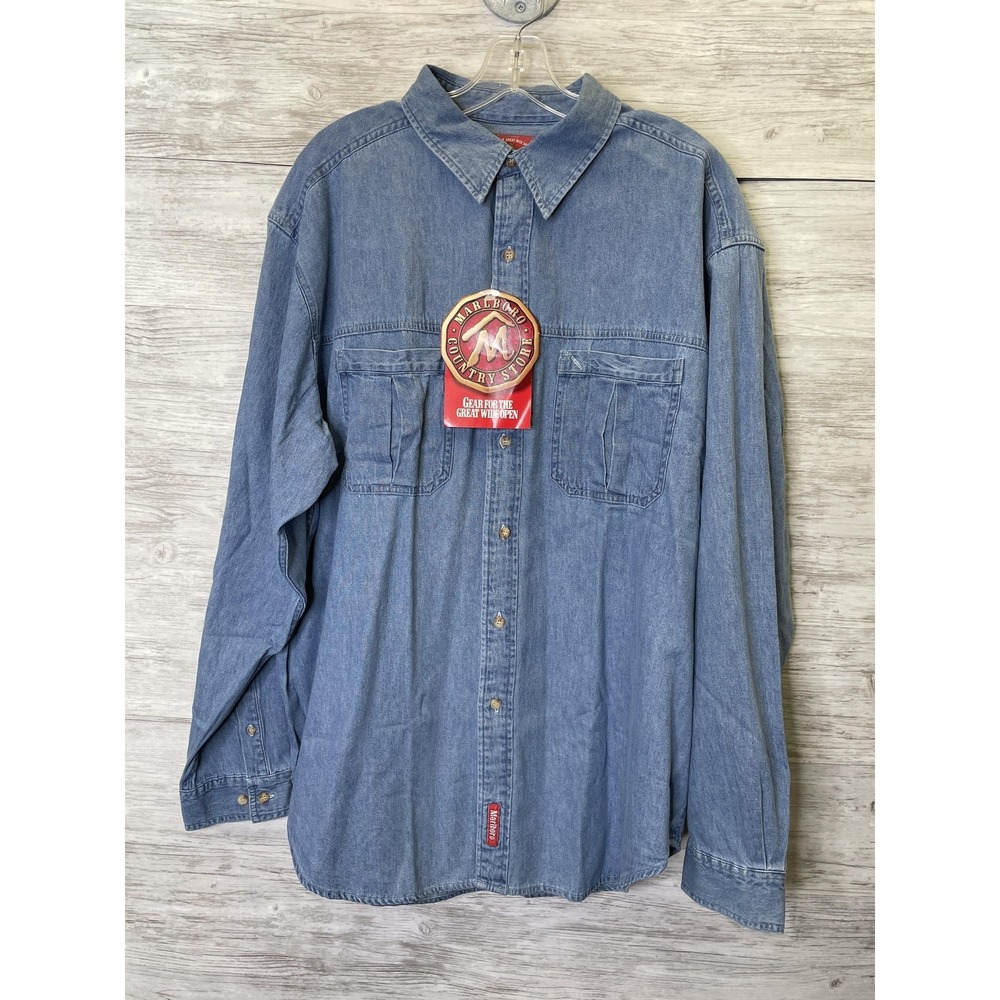Marlboro Country Store Shirt‎ Mens XL Blue Denim Relaxed Button Up Long Sleeve